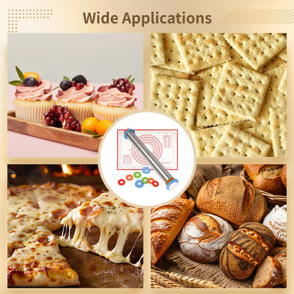 Rolling Pin and Pastry Baking Mat Set, Stainless Steel Dough Roller with Adjustable Thickness Rings & Clear Scale Markings, Ideal for Home Kitchen Baking Fondant, Pizza, Pie, Pastry, Pasta, Cookies