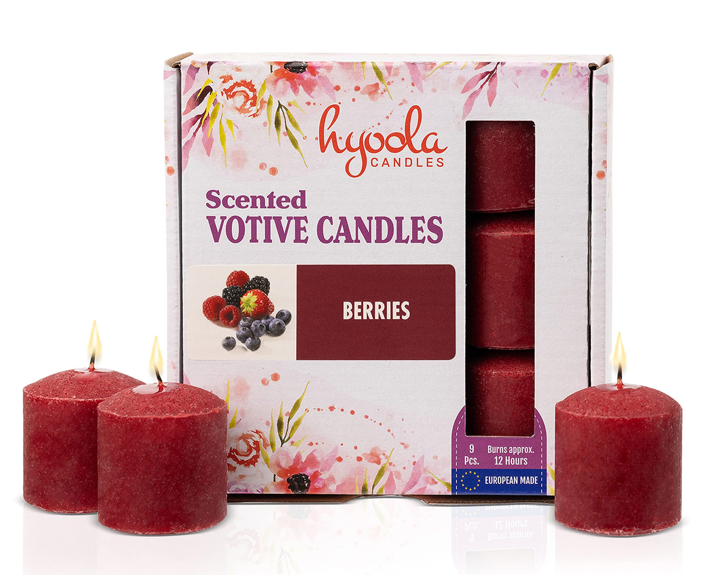 HYOOLA Scented Votive Candles - Berries Votive Candles -12 Hour Burn Time - 9 Pack - European Made