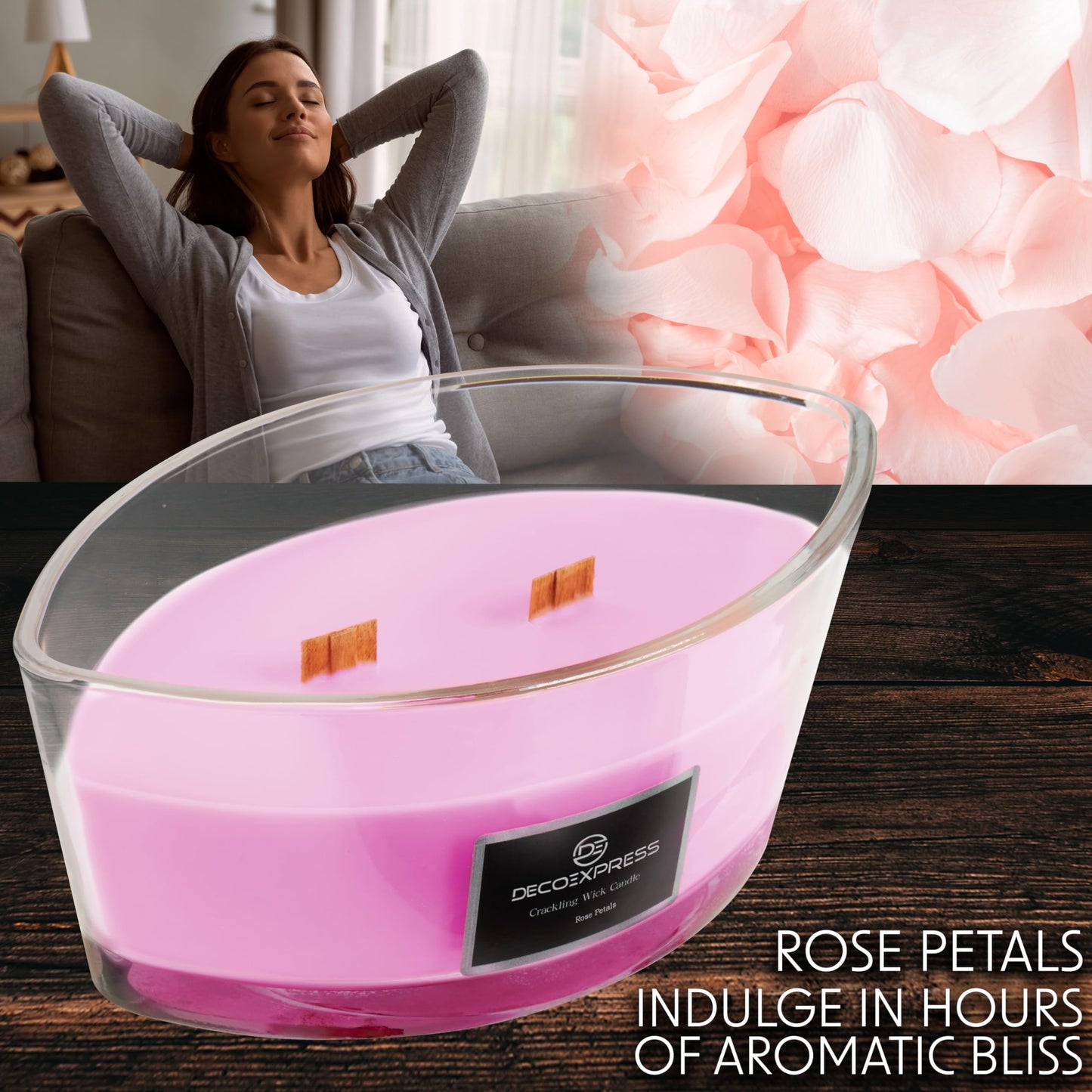 DECO EXPRESS Scented Candles, Crackle Double Wick Candles, Long 50 Hours Burn Time, Home Decor & Gift Ideas (Rose Petals)
