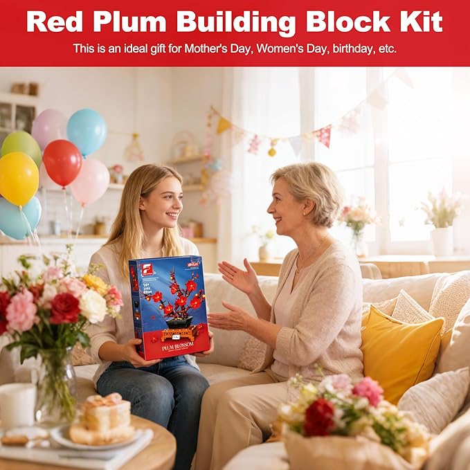 Plum Blossom Building Sets Red Plum Buiding Blocks Artificial Flowers for Table Decor Plants Collection Blocks Kit for Living Room Home Office Christmas &amp Birthday Gifts for Ages 14+ 692PCS