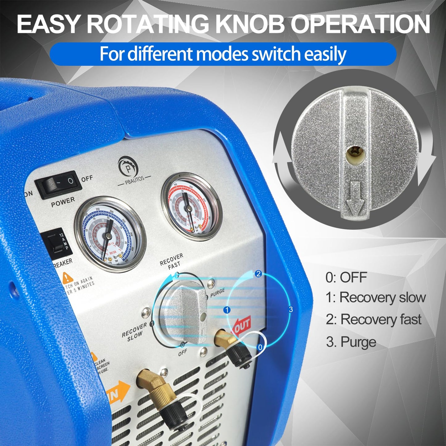 P PBAUTOS 1HP Dual Cylinder Refrigerant Recovery Machine, 110V-120V 60Hz Portable Oil-less Freon Recycling Unit for Both Liquid and Vapor Refrigerant, for Automotive A/C System, Household HVAC System