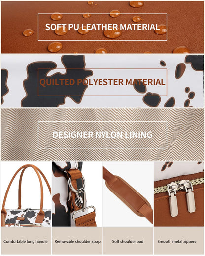 CLOKARS Weekender Bags for Women, Travel Duffle Bag Carry On Overnight Bag with Cosmetics Bag and Crossbody Purse for Gym Hospital, Gifts for Women, Cow Print Brown