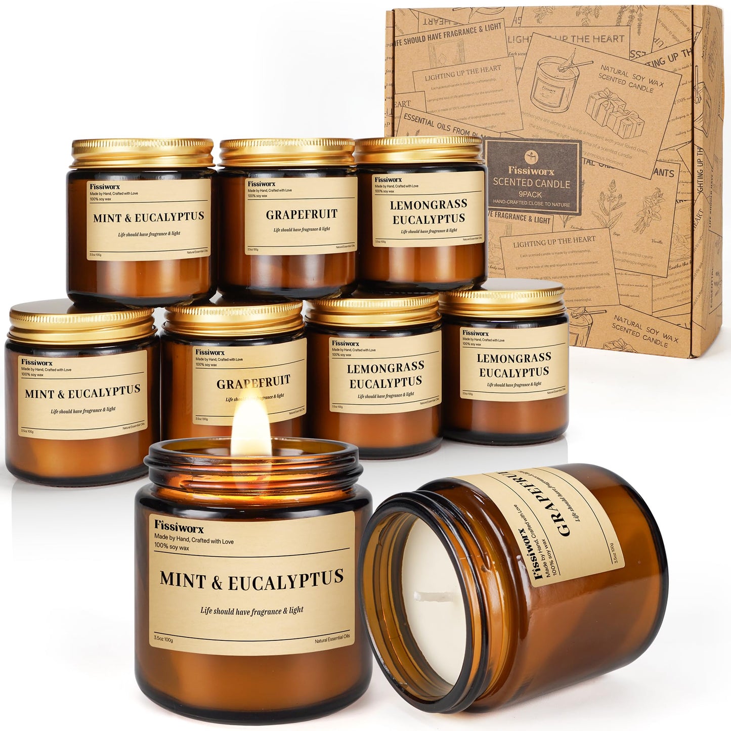 9 Pack Soy Candles for Home Scented |（Mint & Eucalyptus/Lemongrass/Grapefruit ） Long-Lasting 270 Hours, Natural Scented Candles Gift for Women & Men, Birthday, Mother’s Day, Christmas, Thanksgiving