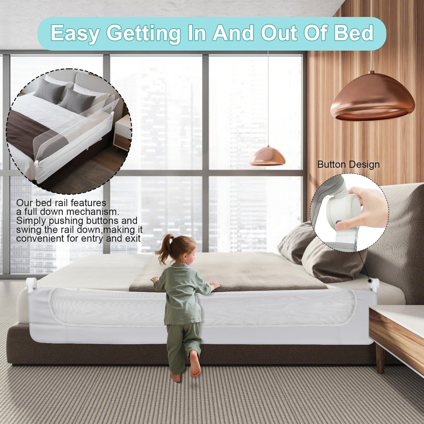 Omebel Toddler Bed Rail, 180cm/200cm Extra Long Baby Kids Bed Rail Guard Height Adjustable Folding, Safe Bed Side Rail for Queen, Full Size, Twin, King Size, Foldable & Button-Release Design