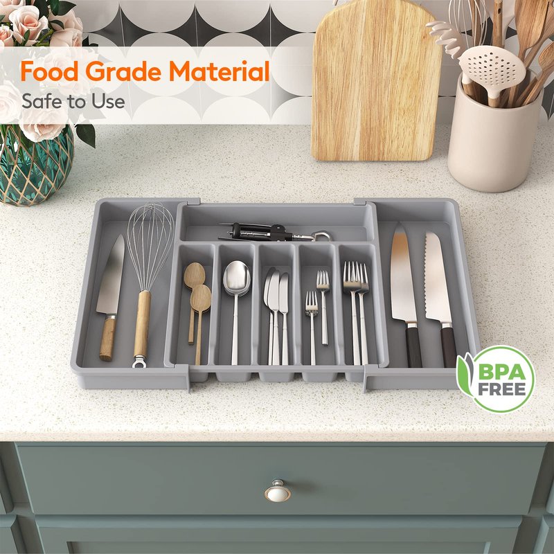 Lifewit Silverware Drawer Organizer, Expandable Utensil Tray for Kitchen, BPA Free Flatware and Cutlery Holder, Adjustable Plastic Storage for Spoons Forks Knives, 13-22 x 15", Grey