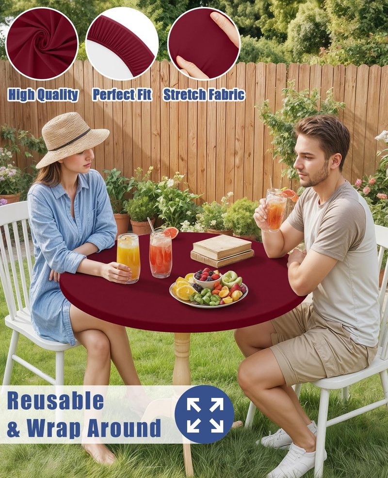 Moosfor Round Spandex Tablecloth, Elastic Fitted Waterproof Tablecloths for 45"-56" Tables, Stretch Washable Picnic Table Cover for Camping, Dining, Indoor and Outdoor, Wine Red
