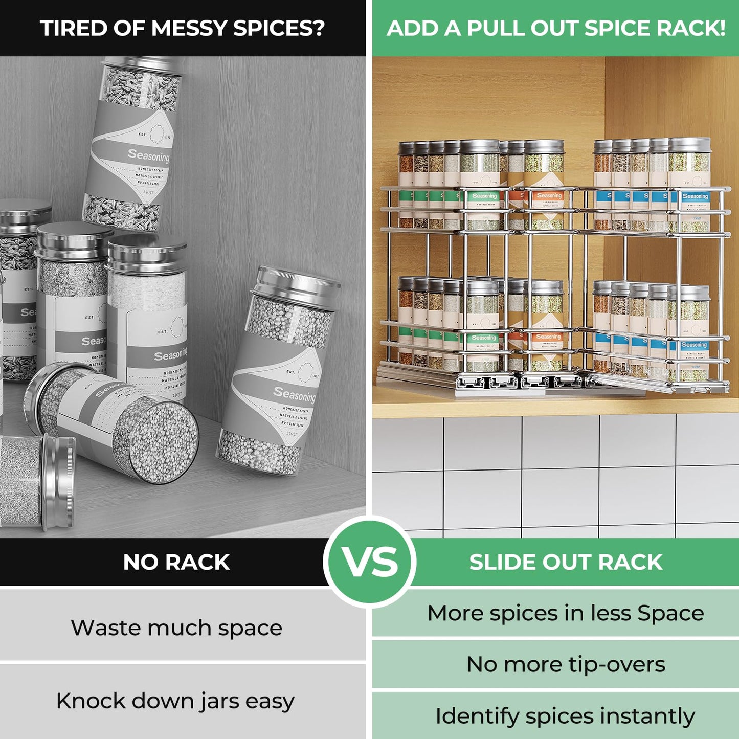 Pull Out Spice Rack Organizer for Cabinet, Slide Out Spice Racks, Easy to Install, 2.1''Wx10.35''Dx8.26''H, 3 Drawers 2 Tiers(Black)