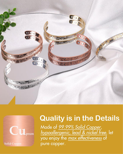 Feraco Copper Bracelet for Women, Ultra Strength Magnetic Bracelets, 99.99% Pure Copper Cuff Bangle with 3500 Gauss Neodymium Magnets, Adjustable, Vintage Flower Collection