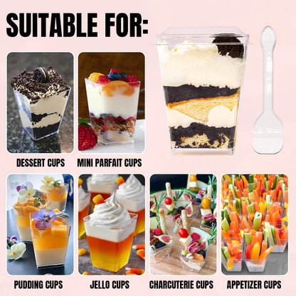 YunKo 5oz Dessert Cups with Flat Lids and Spoons, Plastic Mini Parfait and Appetizer Cups, Great for Party, Vasos Para Postres Con Tapa 100 Pack