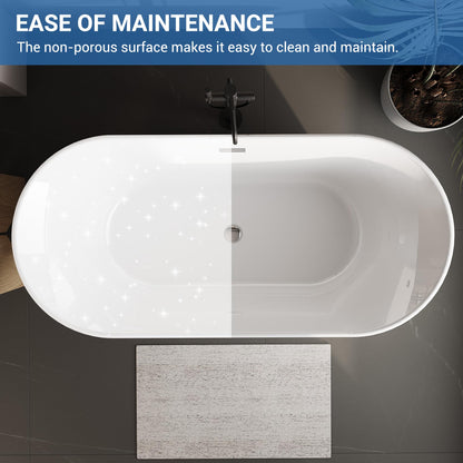 59 inch Acrylic Oval Rim Freestanding Bathtub, Full White, Comfort Soaking Tub for Home Spa & Muscle Recovery, Pop-Up Chrome Drain, Free Standing Bathtub for Bathroom