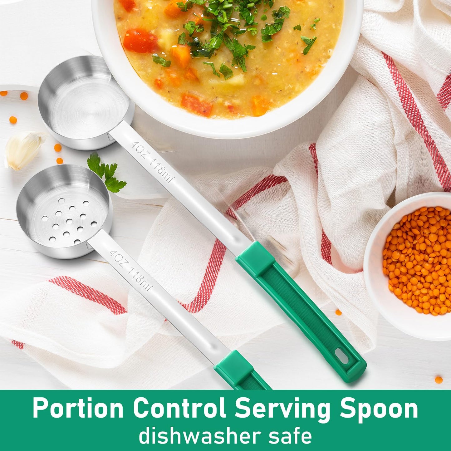 Teenyyou 8 Pcs Portion Control Serving Spoons Portion Scoops Cups Solid and Slotted Stainless Steel Ladle Spoon for Food, Serving Utensils Set for Parties(Green,4 oz)