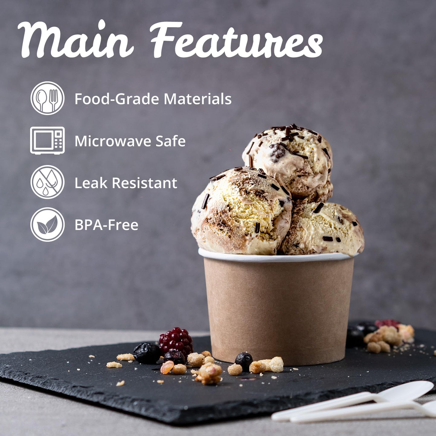 MATICAN Paper Ice Cream Cups - 100-Count 9-Oz Disposable Dessert Bowls for Hot or Cold Food, 9-Ounce Party Supplies Treat Cups for Sundae, Frozen Yogurt, Soup, Brown