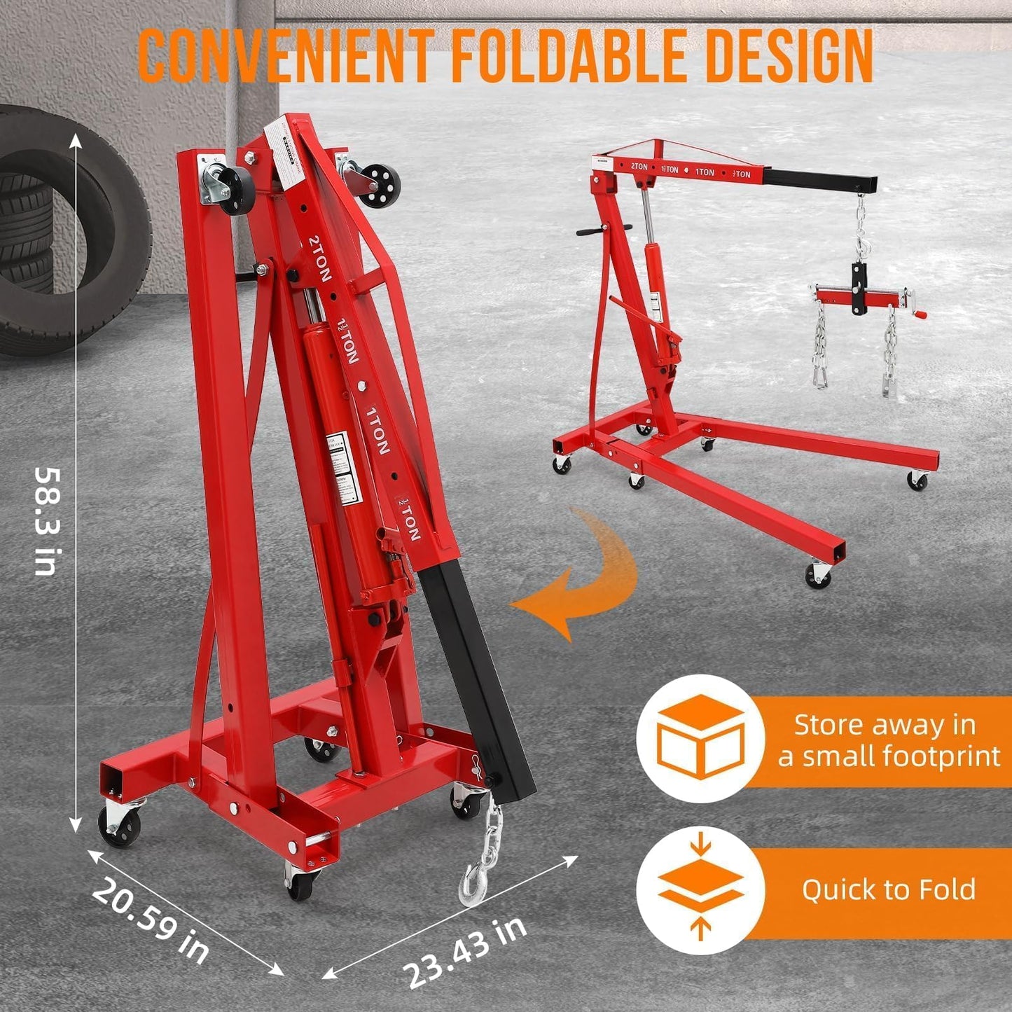 2-Ton Folding Hydraulic Engine Hoist - 4400 lb Heavy Duty Shop Crane with Adjustable Telescoping Boom, Load Leveler & 6 Swivel Caster Wheels, Red, for Garage and Automotive Use