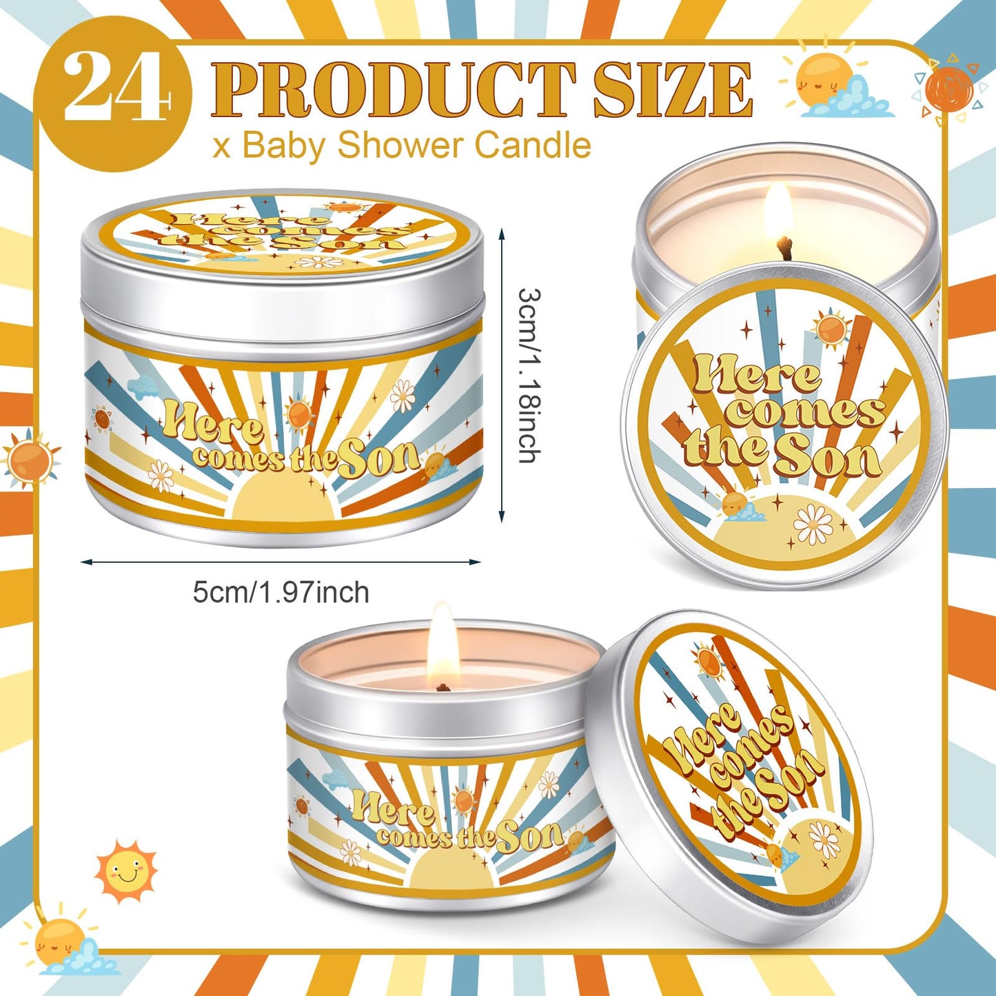 MTLEE 24 Pcs Here Comes The Son Baby Shower Party Favors Candles Lavender Scented Baby Shower Favors for Guests Rustic Tealights Candles Gender Reveal Return Gifts (1.2 oz, Yellow)