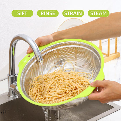 AHIABOAT Colander Stainless Steel Microporous, 2QT Rice Strainer with Mixing Bowl, Rice Washer Bowl Set with Handle, Food-Grade Strainers and Colanders for Kitchen, Pasta, Fruit, Dishwasher Safe