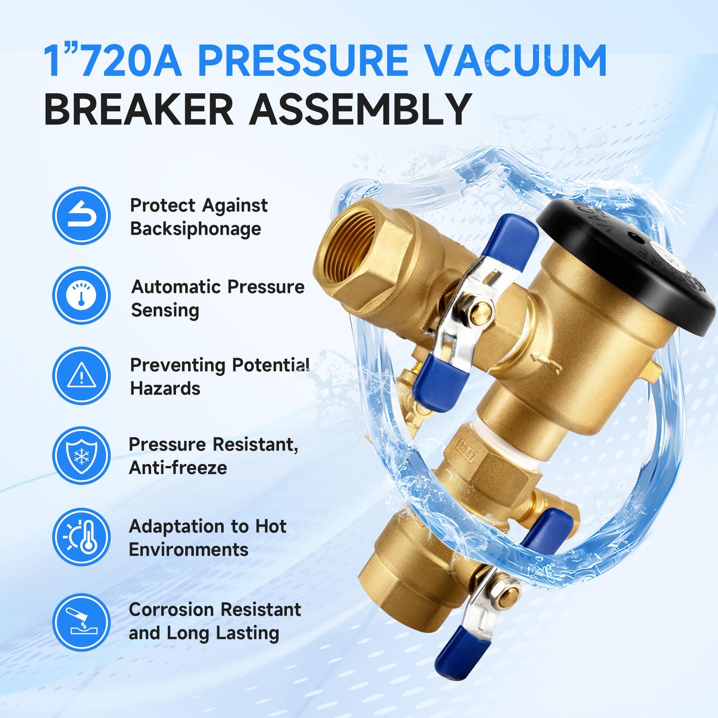 1”720A Pressure Vacuum Breaker Assembly, Replacement for Zurn Wilkins 1-720A (Non-OEM) Thickened Brass Backflow Preventer Valve, Max 400 PSI, for Irrigation Systems and Commercial Water Supply Systems