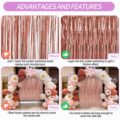 Crosize 4 Pack 3.3 x 9.9 ft Rose Gold Foil Fringe Backdrop Curtain, Streamer Backdrop Curtains, Streamers Birthday Party Decorations, Tinsel Curtain for Parties, Photo Booth Backdrops, Party Décor