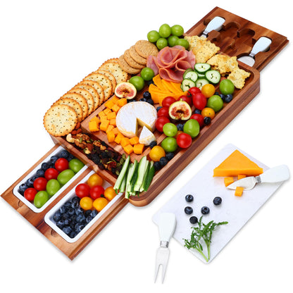 hecef Cheese Board Set Acacia Wood - Large Charcuterie Board with Stainless Steel Knife Set, Thick Wooden Server - Fancy House Warming, Birthday Choice for Gourmets, Feast, Cheese Serving