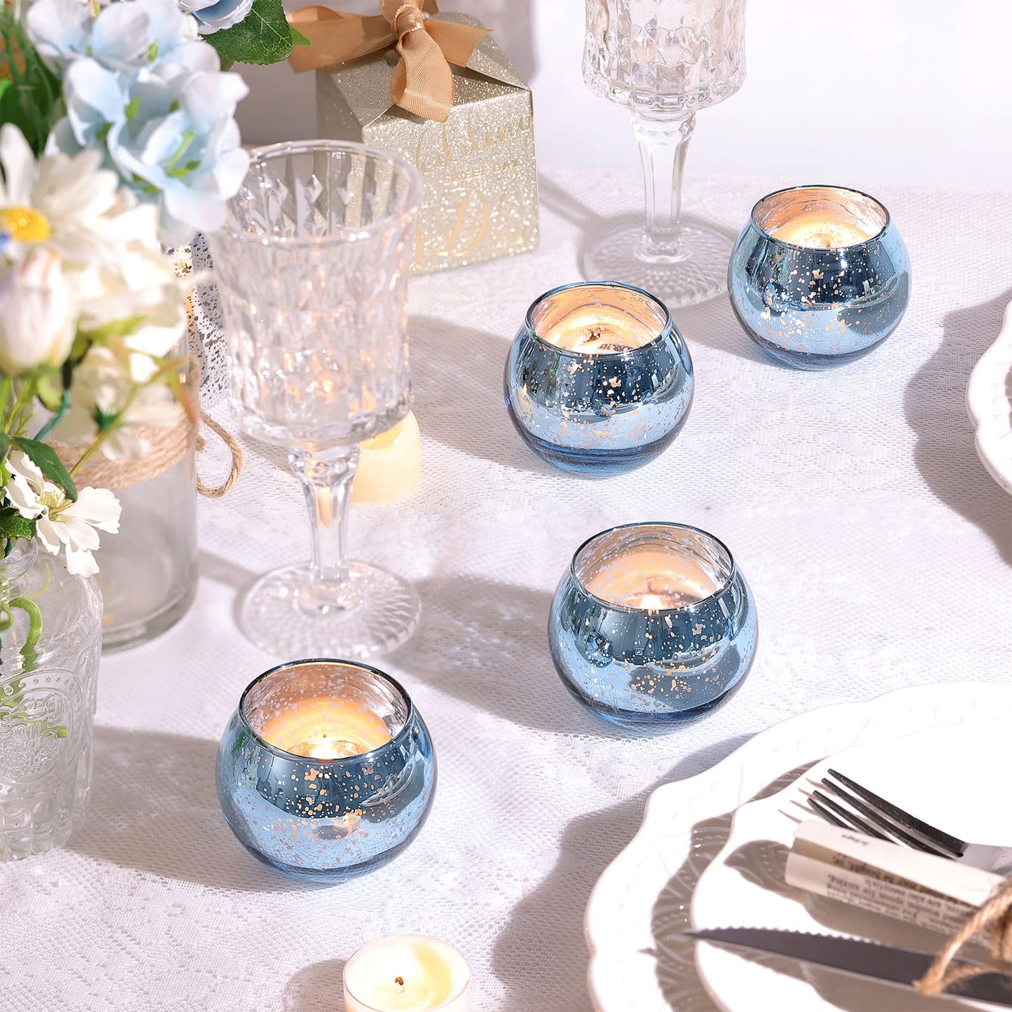 LAMORGIFT 36 Pcs Blue Votive Candle Holders - Mercury Glass Tealight Holders for Dusty Blue Wedding Decor, Centerpiece Table Decorations