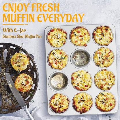 E-far Muffin Pan 12-Cup, Set of 2, Stainless Steel Cupcake Pan Metal Muffin Baking Tins for Oven, Regular Size & Easy Clean, Non-toxic & Dishwasher Safe