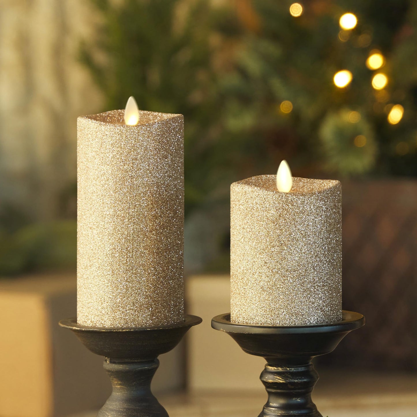 Luminara Realistic LED Moving Flame Pillar Candle, Gold Metallic Glitter, 3" x 4.5" Inch, Battery Operated w/Remote, Indoor Outdoor, Timer Function