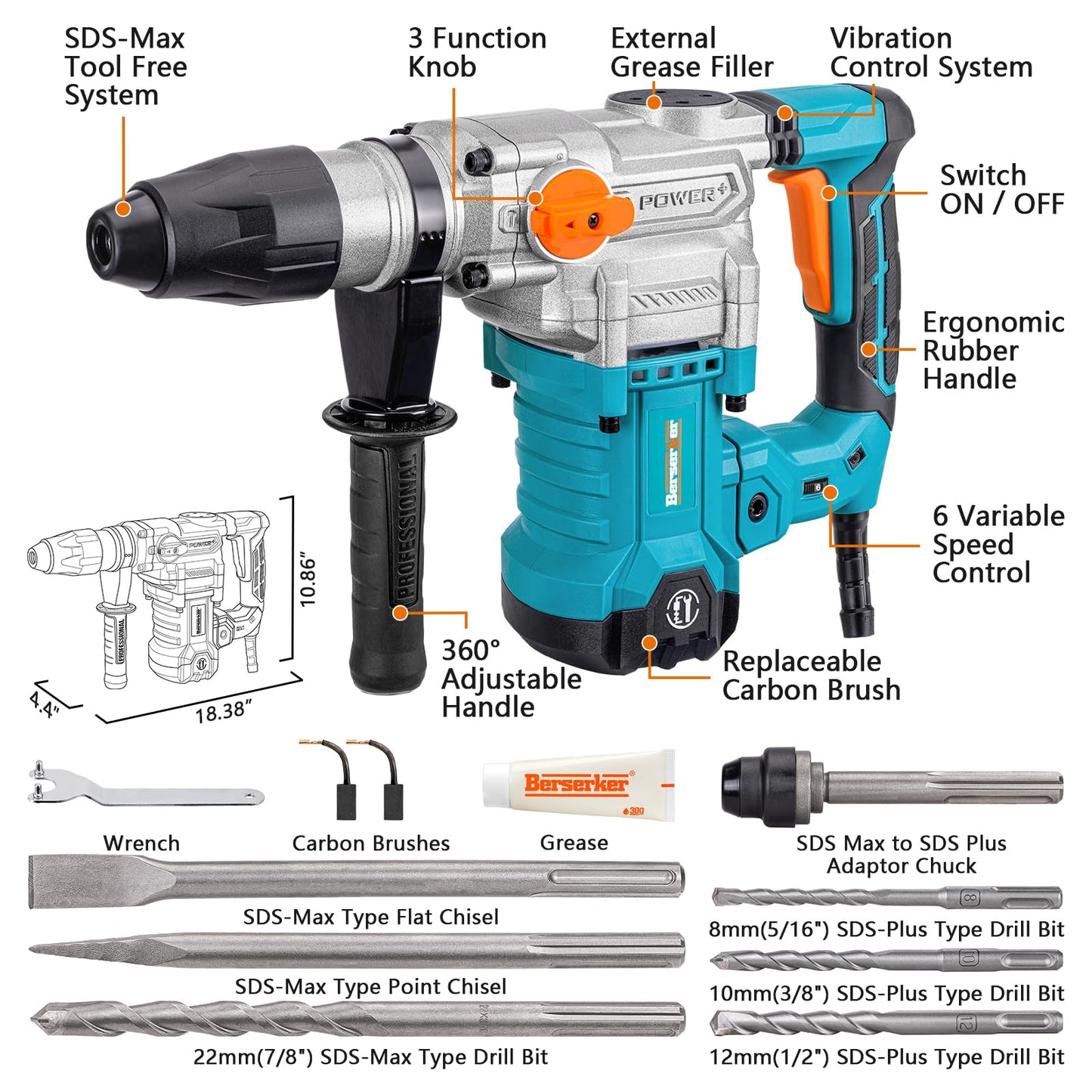Berserker 1-9/16" SDS-Max Heavy Duty Rotary Hammer Drill with Vibration Control,Safety Clutch,13 Amp 3 Functions Demolition Rotomartillo for Concrete-Including 4 Drill Bits,2 Chisels,Carrying Case