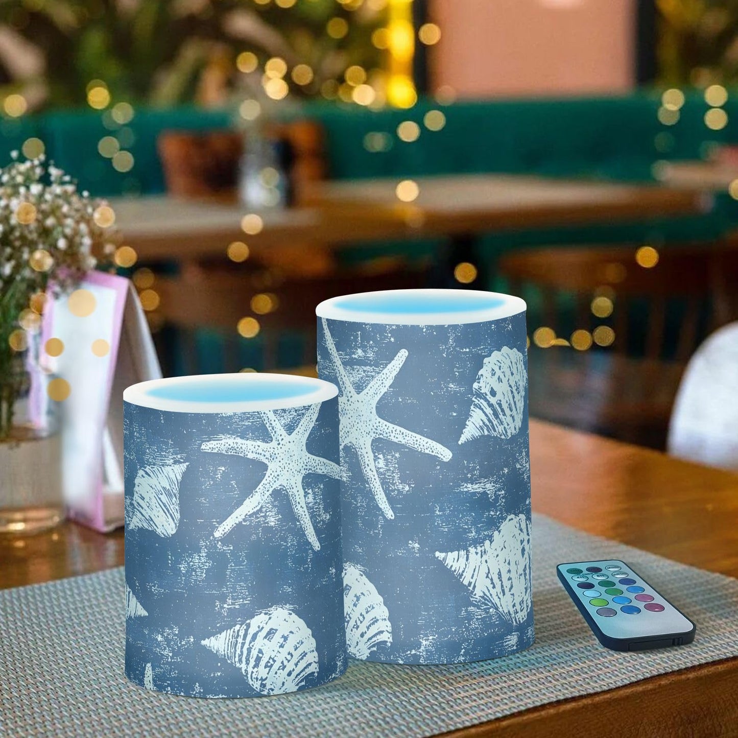 ALAZA Flickering Flameless Candles Navy Seashore Nautical Coastal Battery Operated Candles with Remote Timer LED Pillar Votive Candles Set of 2 for Holiday Decor