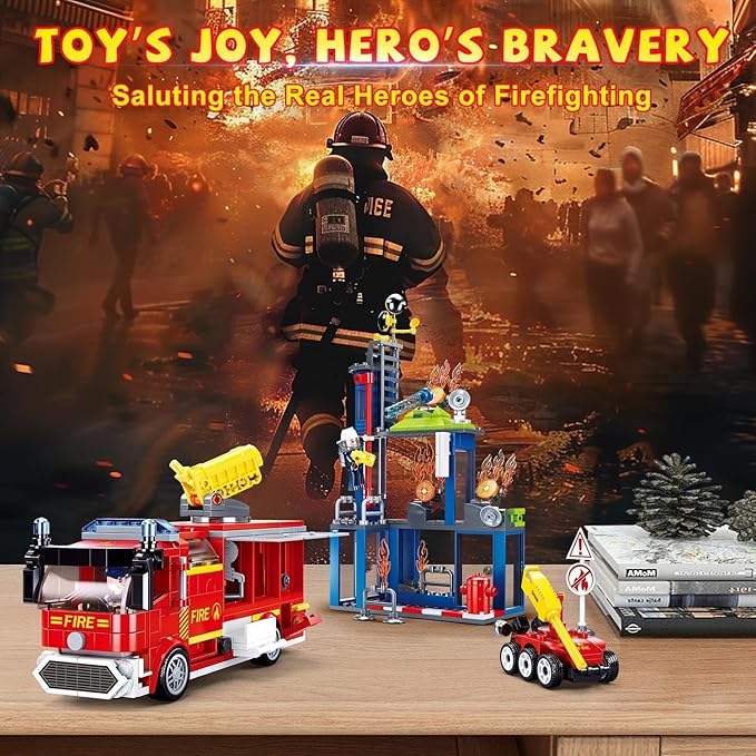 Sluban City Fire Training Set Fire Rescue Building Set with 4 Fireman Minifigures &amp Fire Truck Compatible with Lego City Fire Station Set Building Toys Gifts for Boys Aged 6-12 585 PCS