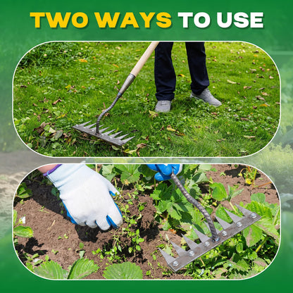 Oh Klyzo 8 Teeth Garden Weeding Rake Set, Heavy Duty Carbon Steel Garden Weed Puller Tool with Gloves for Weed Loosening Soil Leveling Thatch Rake, Sharp Blade, Quick Weeding, Without Handle