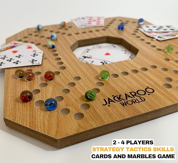 Jackaroo Board Game 2-4 Player Marble Strategy Game Solid Wooden Game with 16 Glass Marbles and 52 Cards Marbles and Jokers Board Game Marble Chase Game Foldable Board with Carry Bag (Oak)