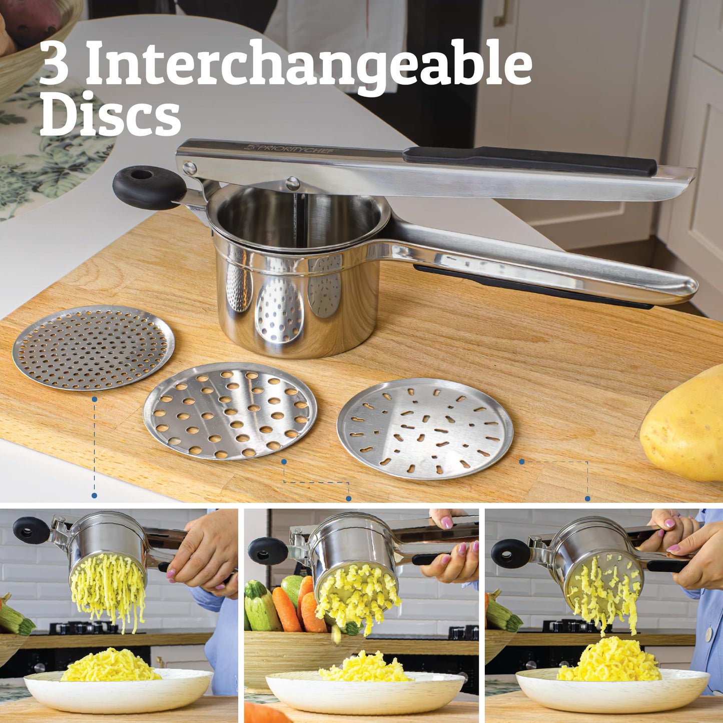 PriorityChef Large 15oz Potato Ricer With 3 Discs, Heavy Duty Stainless Steel Potato Ricer for Mashed Potatoes, Potato Masher, Press and Ricer Kitchen Tool, Black
