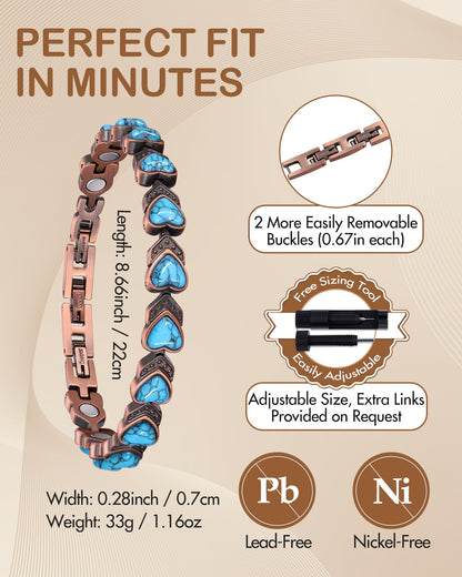 Feraco Pure Copper Bracelets for Women, Ultra Strength Magnetic Bracelet with 3800 Gauss Magnets & Natural Turquois, Adjustable Jewelry