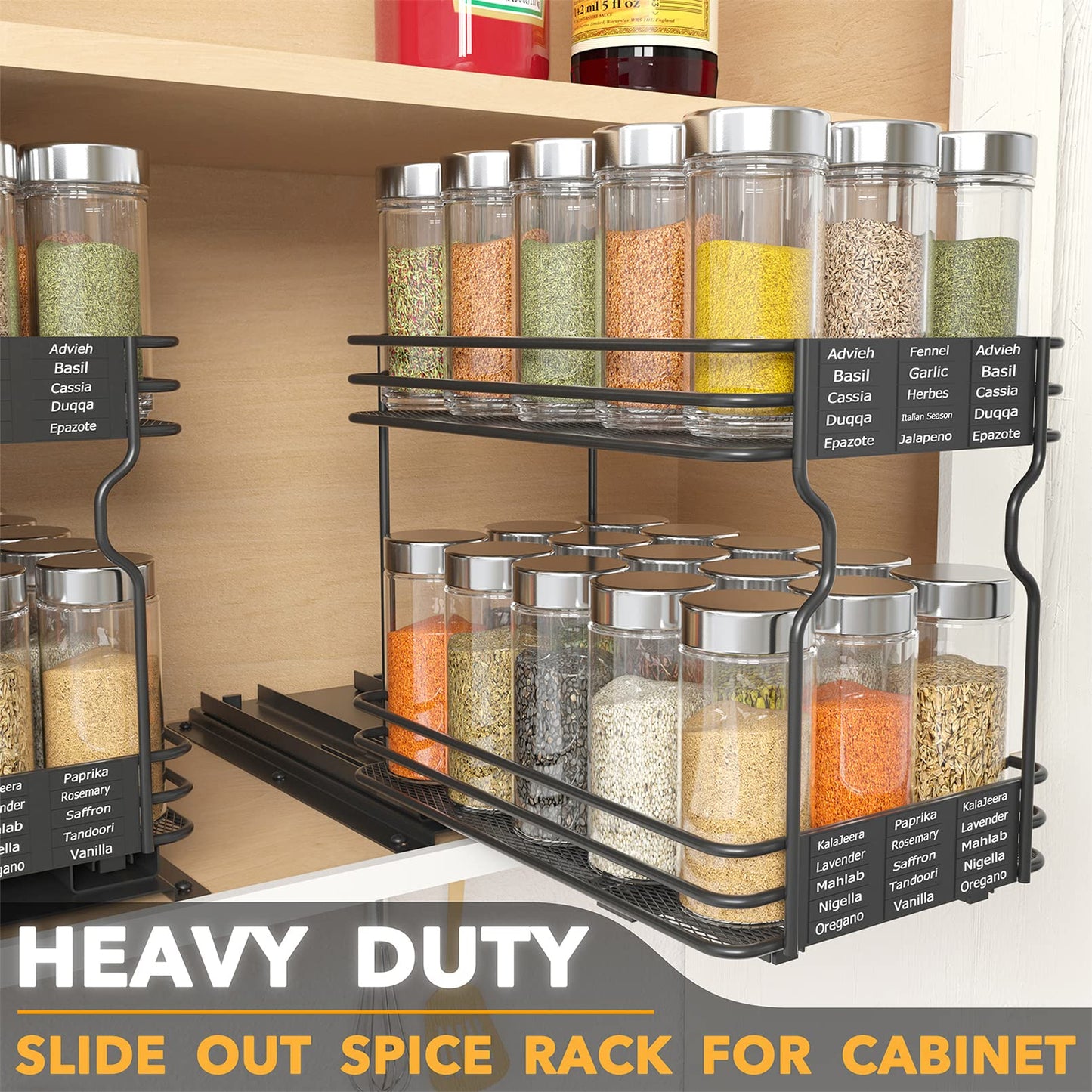 SpaceAid Pull Out Spice Rack Organizer for Cabinet, Heavy Duty Slide Out Seasoning Kitchen Organizer, Cabinet Organizer, with Labels, 4.5" W x10.75 D x8.5 H, 1 Drawer 2-Tier
