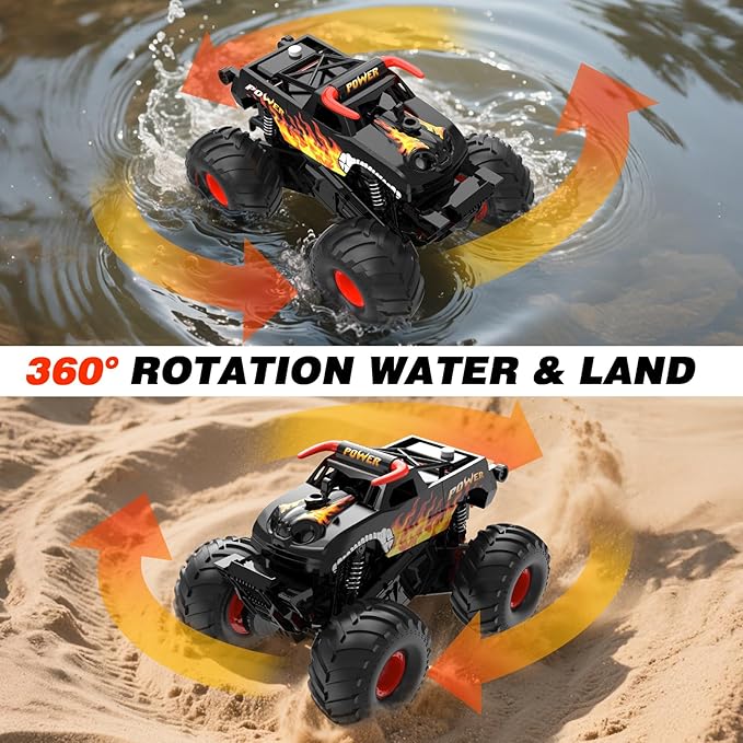 Amphibious Remote Control Car 4WD | Waterproof RC Cars with Dual Spray Mist &amp Led Lights1:16 RC Monster Truck for All Terrain Off-Road Pickup Toys Gifts for Boys/Girls Age 8-12+