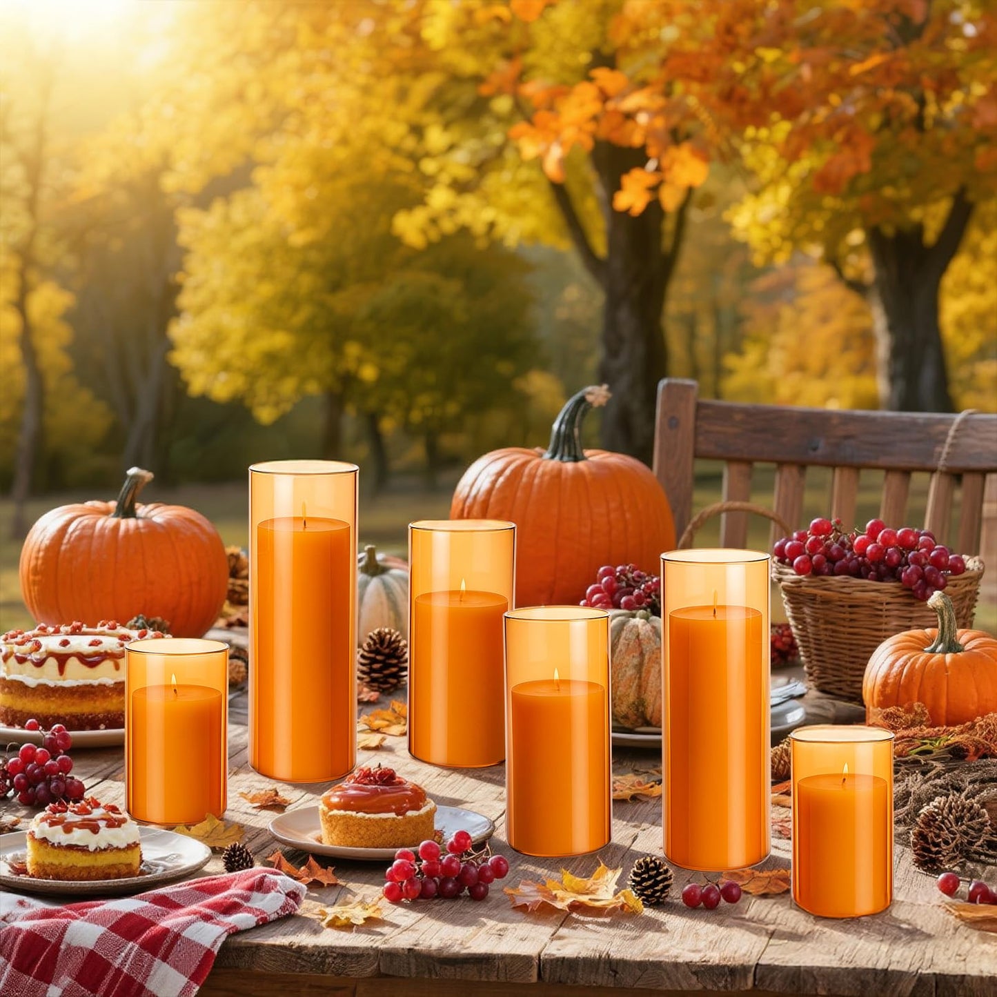 Shihanee Set of 6 Pillar Candles and Glass Cylinder Vases Clear Cylinder CandleHolders for Slim Tall Pillar Candles Wedding Centerpieces(2.8'' X 4.7", 5.9", 7.9",Orange)