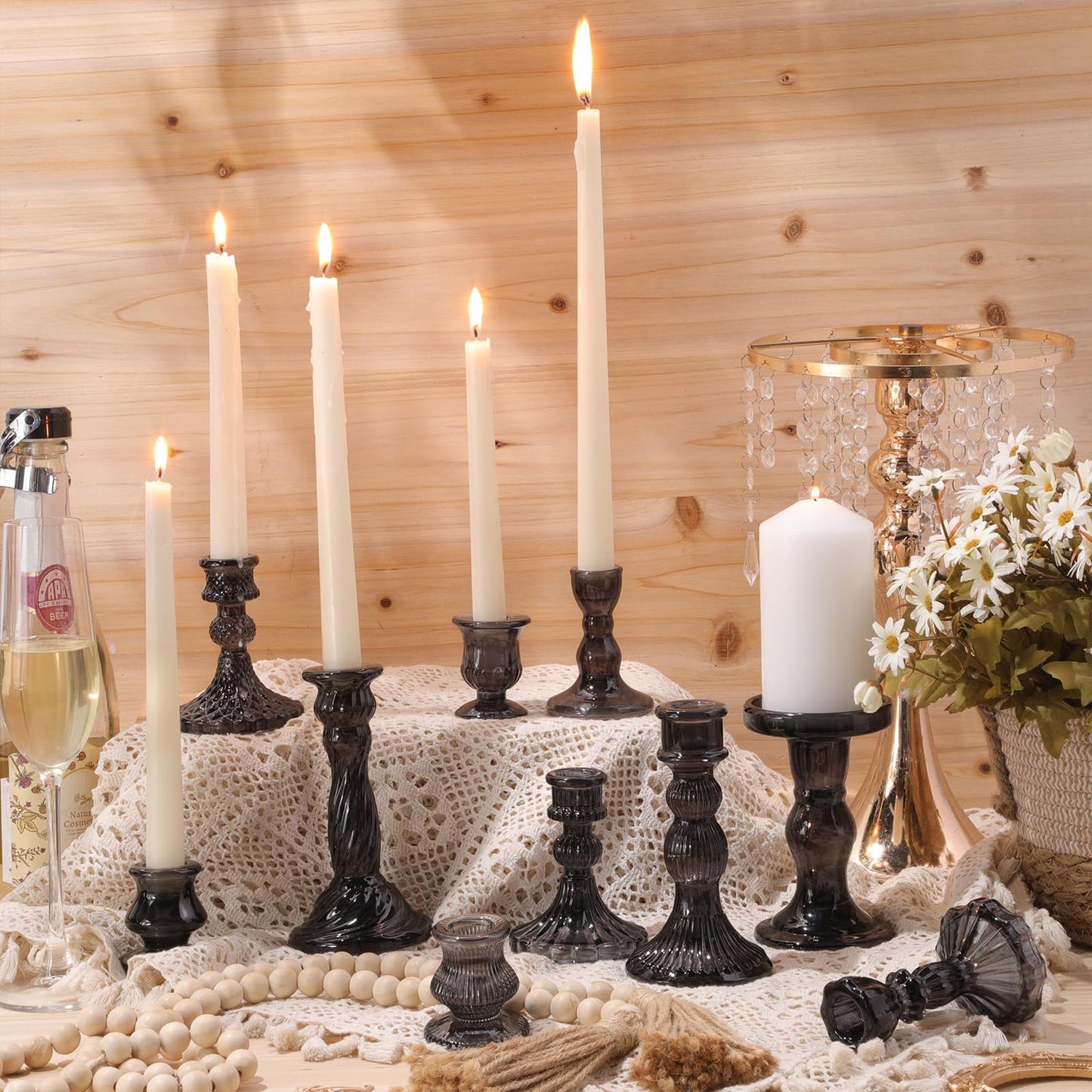 Mumufy 10 Pcs Glass Crystal Taper Candle Holders Clear Glass Candlestick Holder Fit 0.8 Inch Candles Crystal Decorative Candle Stand Centerpiece Table Wedding Dining Party (Classic,Black)