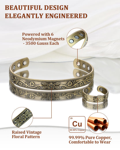 BioMag Copper Bracelet & Ring for Women, 99.99% Pure Copper Magnetic Bracelet Lymphatic Drainage Rings with 3500 Gauss Magnets, Adjustable & Flower Pattern (Antique Bronze Tone)