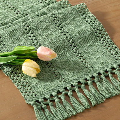Socomi Sage Green Boho Table Runner Macrame Long Easter Spring Farmhouse Woven Cotton Linen Rustic Coffee Table Runner with Tassels for Dresser Scarf Home Decor Dining Room 12x108 inch