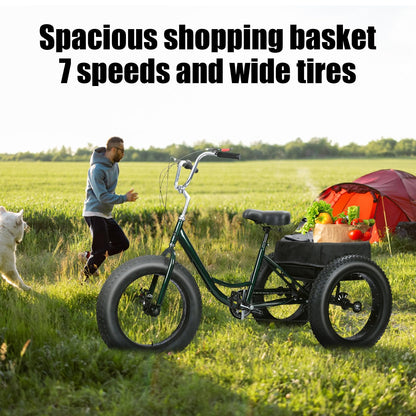 Rodiuiu Adult Tricycle, Fat Tire 7 Speed Cruiser Trike, 20 Inch 3 Wheel Bikes with Large Basket for Seniors, Women, Men, Adult Trikes for Shopping Picnic Outdoor Sports