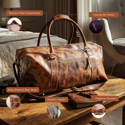 DEBKIN JOURNEY 22 Inch Top Grain Buffalo Leather Duffle Bag for Men & Women - Weekender Sports Travel Shoulder Bags, Aeroplane Hand Luggage Men Duffle Bag
