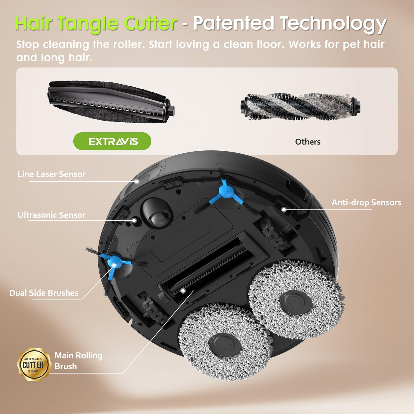 Robot Vacuum and Mop, Pet Hair Tangle-Free Cutter Technology, Max 10,000Pa Suction, Laser Navigation, Pet Laser, 75-Days Capacity, Carpet Lift Detection, APP ＆ Voice Control, Robotic Vacuums Cleaner