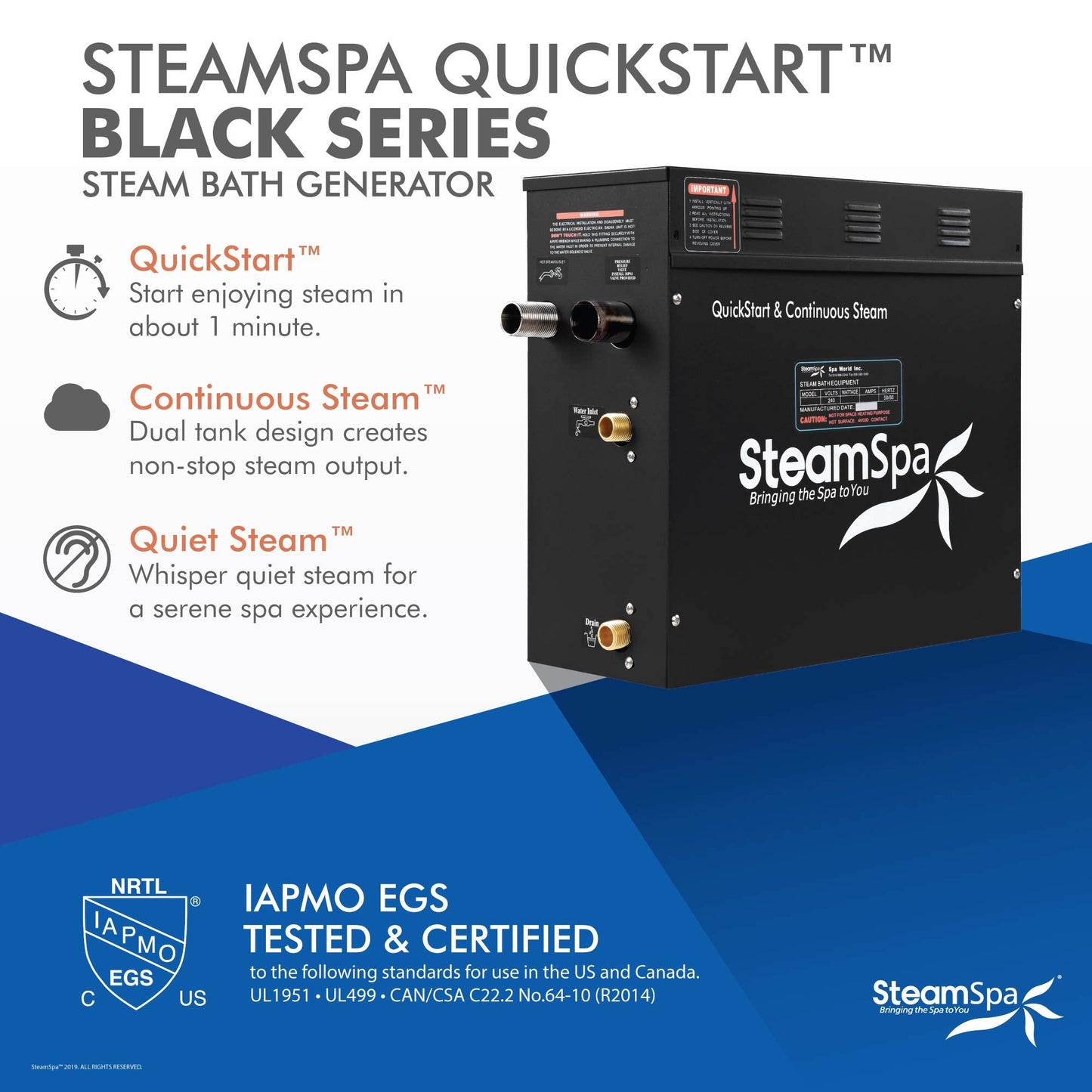 SteamSpa Generator with Quick Start Continuous Steam Technology, Wi-Fi, Bluetooth and Autodrain | 9kW Steam Generator with Brushed Nickel Steam Head with Aromatherapy Reservoir | SS-RVB900BN-A