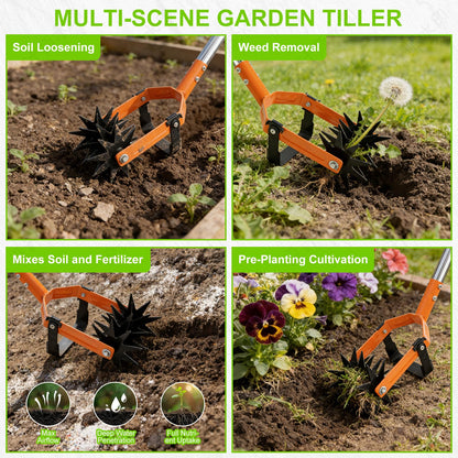 Rotary Cultivator - 43"-72" 4-Piece Threaded Stainless Steel Handle, 6" Hardened Steel Tines, for Lawn Aeration, Soil Loosening & Grass Reseeding