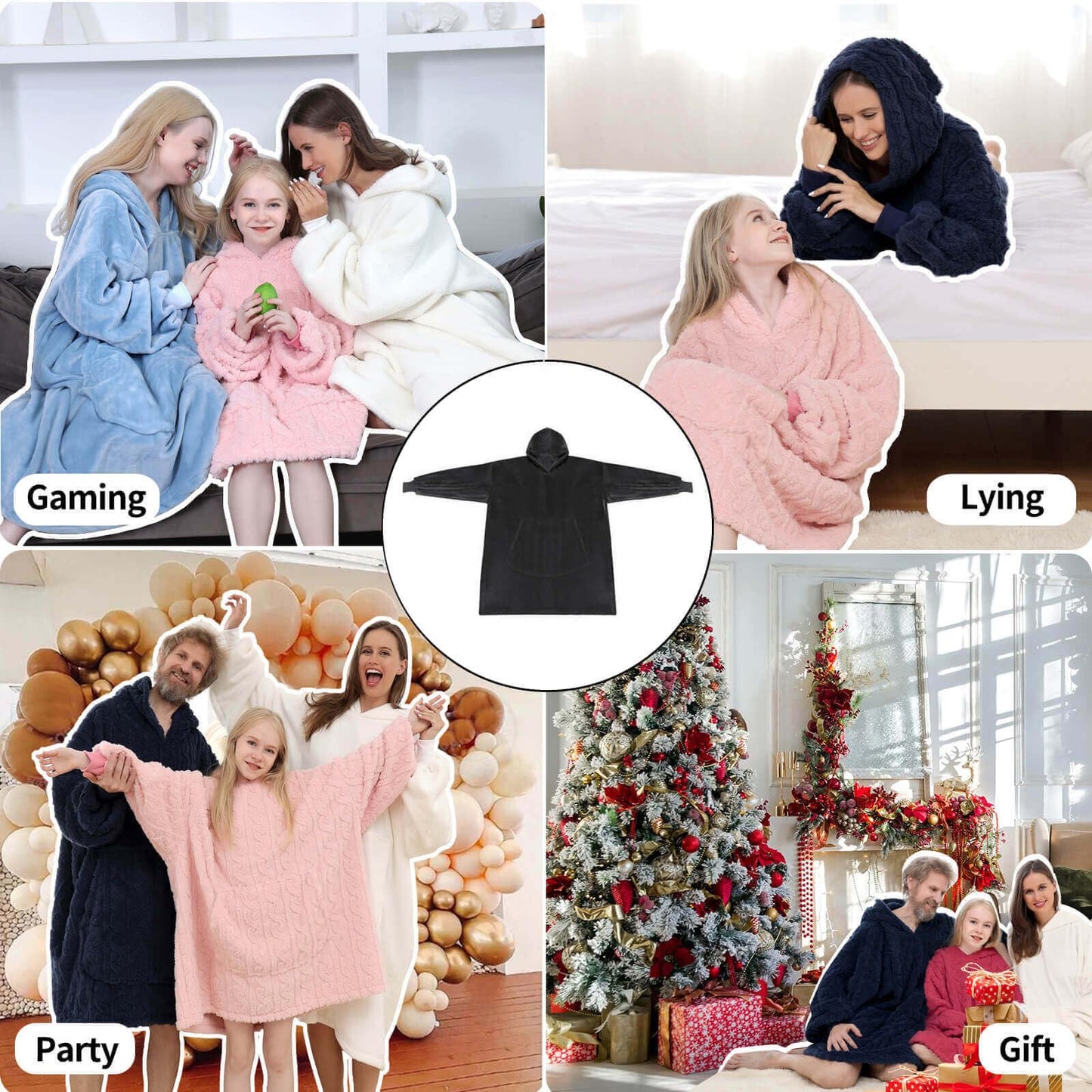 FestiCorp Oversized Blanket Hoodie for Adults - Extra Long Wearable Sweatshirt with Giant Sleeve, Hood and Pocket Black