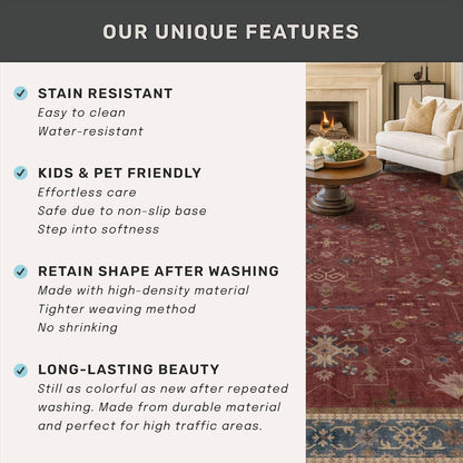 Regine Switzerland Dark Red Hallway Runner Rug - 10ft Washable Non-Slip Indoor Mat | Soft Boho Floral Design
