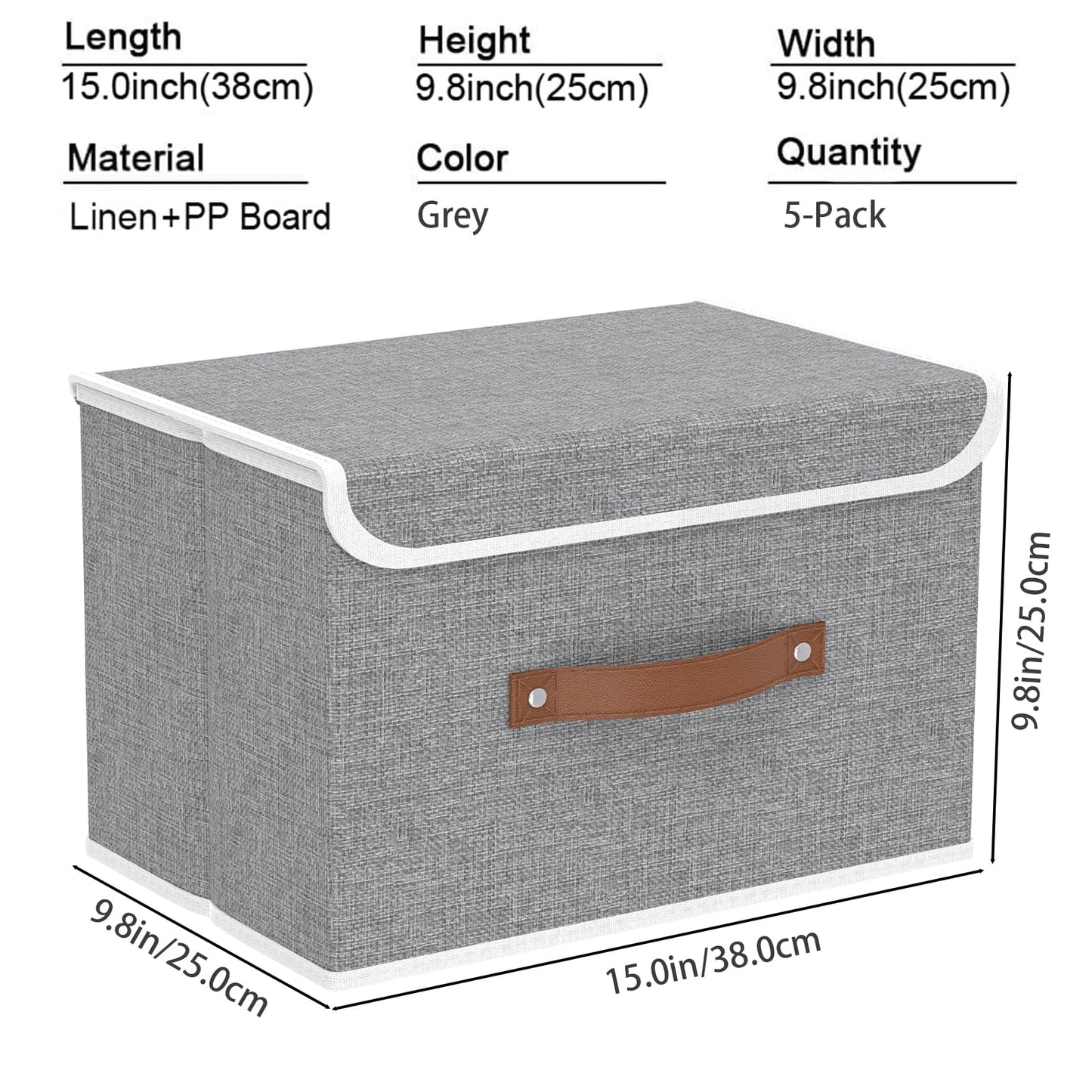 Yawinhe Collapsible Storage Bin, Cube Organizer Basket, Fabric Box with Lids, Washable and Leather Handle, for Home, Closet, Grey, 15.0''Lx9.8''Wx9.8''H, 5-Pack, USNK024GL-5