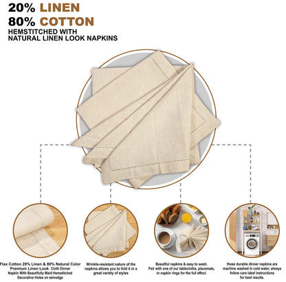 GFI LINEN CLUBS Cotton Flax Linen Cloth Dinner Napkin - Pack of 12 Natural Premium Hemstitched Napkins, 20x20 Inch, Machine Washable, Reusable Table Cloth for Dining, Parties, Weddings & Everyday Use