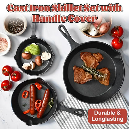 QTLCOHD 3 Pcs Cast Iron Skillet Set, 6, 8, 10 Inch Non Stick Cast Iron Frying Pans with Heat-Resistant Handles for Stove, Oven, Grill & Campfire, Black