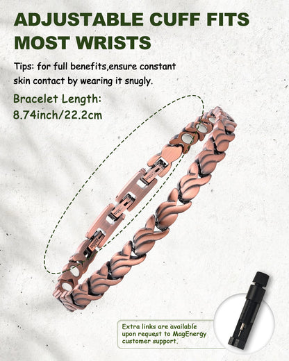 MagEnergy Copper Bracelet for Women, 99.99% Pure Solid Copper Bracelet with 3500 Gauss Magnetic, Adjustable, Jewelry Gift (Copper-Fishtail+Ring)