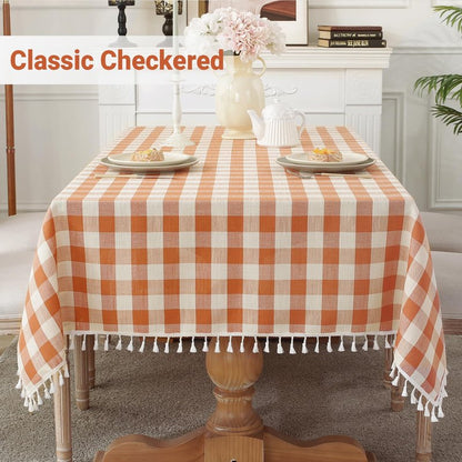 Laolitou Orange Checkered 60" Round Tablecloth (Fits 30-48" Table) Washable Buffalo Plaid Table Cloth with Tassel Cotton Linen Gingham Table Cover for Fall Decorations, Orange, Round